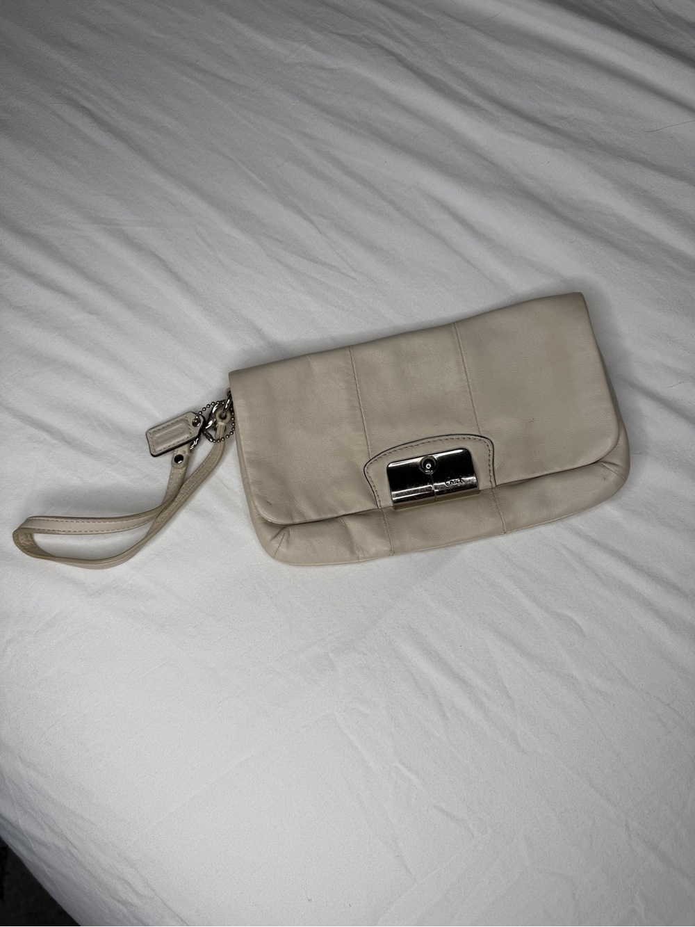 Coach Cream Leather Wristlet Clutch with Silver Hardware